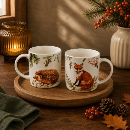 Herbst Tassen Fuchs & Igel, 350 ml Kaffeetasse aus Porzellan - Spülmaschinenfeste & Mikrowellengeeignete Teetasse