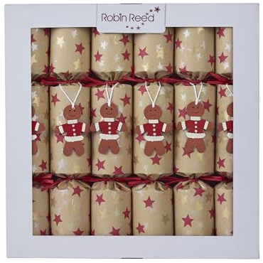 6 x 12 inch ECO Handmade Gingerbread on star natural kraft Christmas Crackers by Robin Reed - made with sustainable materials - no plastic - contains fun game cards (62236)