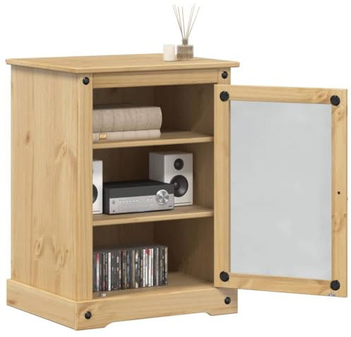 YuuSsea Medienschrank Corona 60x50x82 cm, Massivholz Kiefer Honigwachs-Finish, 3 Ablagen, Glastür, für Wohnzimmer, Universal TV Ständer, Plattenspieler-Ständer