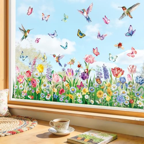 Peelora Spring Wildflower Grass Double Sided Window Clings Tulips Flower Butterflies Birds Window Stickers Anti-Collision Glass Doors Decals