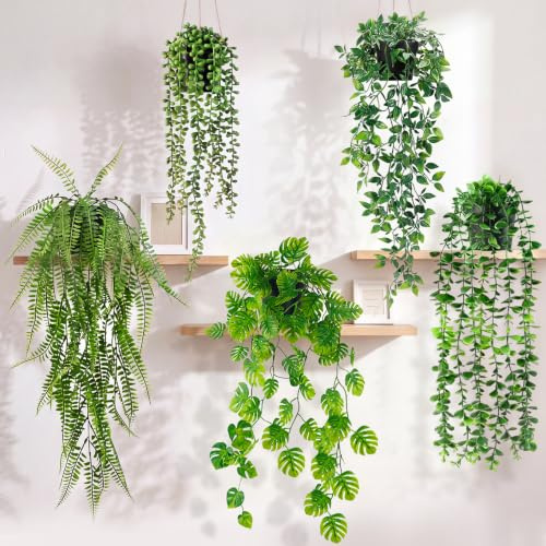 Zilams 5 Pcs Plantes Artificielles Tombantes Suspendues avec Pot | Intérieur Extérieure, Deco Maison Bureau Salon Cuisine Balcon, Ensemble A