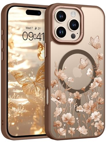 GUAGUA für iPhone 16 Pro Max Hülle mit Blumen Muster [Kompatibel mit MagSafe] Magnetisch Handyhülle Matte Durchscheinende Rückseite Stoßfest Schutzhülle Dünn Case (6,9 Zoll) Braun