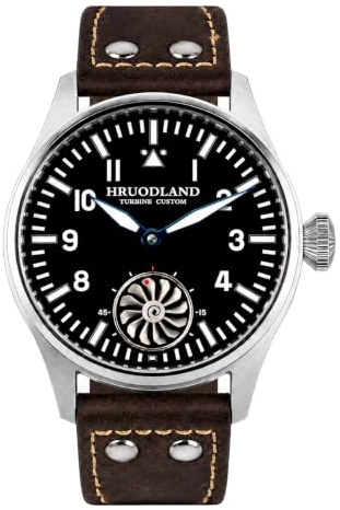 HRUODLAND Uhren Herren Automatik mit 3D-Turbine, Saphirglas, BGW-9 Superleuchtstoff & Lederarmband - Retro Fliegeruhr, Handaufzugswerk