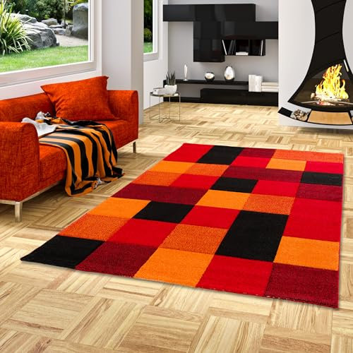 Pergamon Designer Teppich Brilliant Rot Orange Karo in 4 Größen