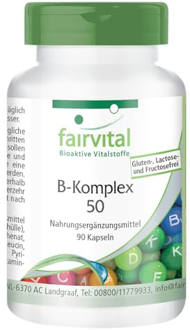 fairvital Vitamin B-Komplex 50, 90 Kapseln, schluckfreundlich, 500µg Vitamin B12, mit B-Vitaminen (B1, B2, B3, B5, B6, B7, B9, B12), HOCHDOSIERT, VEGAN, mit Cholin & Inositol