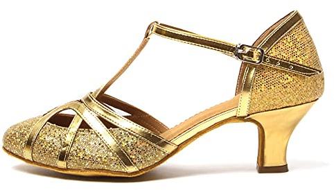 HROYL Women T-Strap Glitter Latin Dance Shoes Low Heel Salsa Tango Ballroom Latin Party Wedding Dancing Shoes,511-Gold-5,3.5 UK