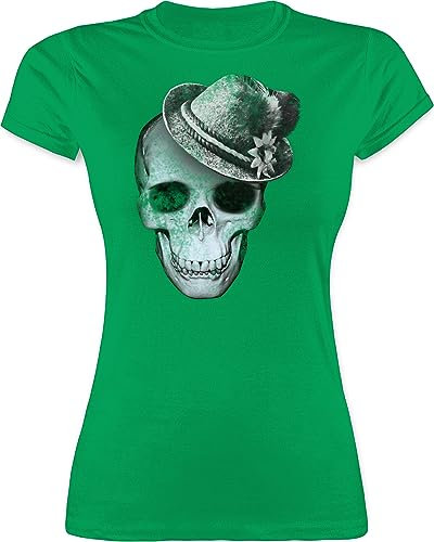 Shirt Damen - Kompatibel Oktoberfest - Totenkopf mit Filzhut - XXL - Grün - t Shirts Frauen Trachten t-Shirt Tshirt Trachten-Tshirt Oberteil trachtenoberteile Oberteile trachtenshirt+Damen Kurzarm