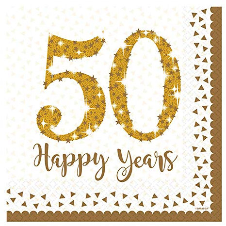 (PKT) Adult 16 Pack Sparkling Golden 50th Anniversary Luncheon Napkins 33cm