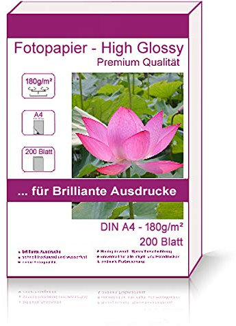 200 Blatt DIN A4-210x297 mm 180g/m² Fotopapier Hglossy wasserfest Photopapier hochglänzend high glossy wasserfest photopaper photo paper glänzend 180g / m² 180g/qm DIN A4-210 x 297 mm 21 x 29,7 cm
