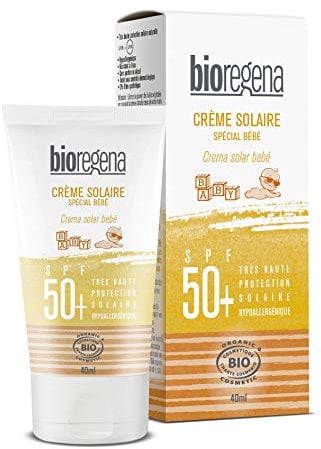 Bioregena | Crème solaire SPF50 Bébé + 6 mois Bio | Très Haute protection solaire | Haute tolérence & Résiste à l'eau | Hypoallergénique | Pénètre rapidement & Ne colle pas | Made in France | 40 ml