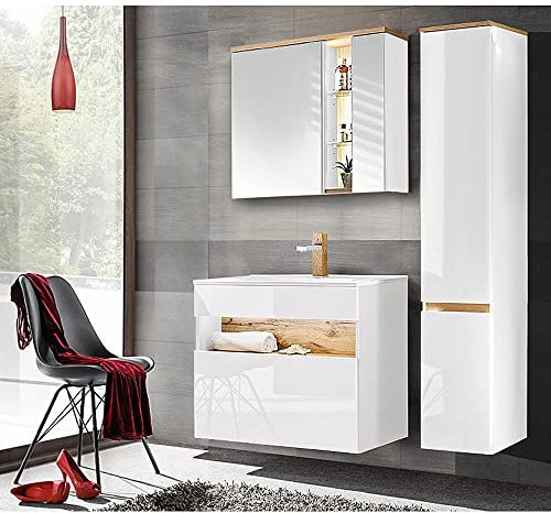 Lomadox Badezimmermöbel Badmöbel Set, Keramik-Waschtisch mit 80cm Unterschrank, Hochglanz weiß mit Wotaneiche, Hochschrank und LED-Spiegelschrank