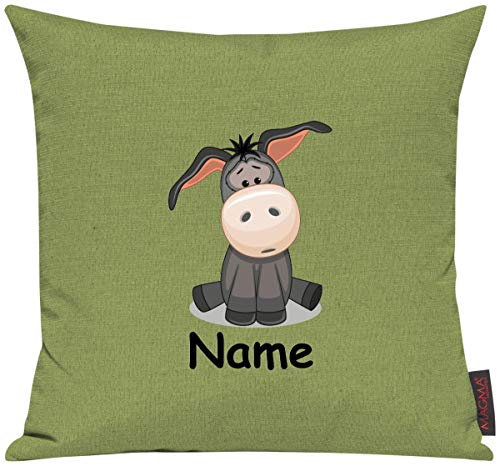 Shirtinstyle Sofakissen Kinderkissen Tiermotiv Esel mit Wunschnamen, Größe 40 x 40cm, Farbe Kiwi
