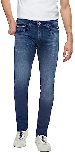 Replay men's Grover straight-fit jeans with stretch, blue (Medium Blue 009), 33W / 34L