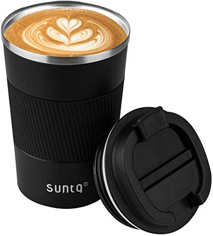 SUNTQ Reusable Coffee Cups Travel - Coffee Travel Mug with Leakproof Lid - Thermal Mug Insulated Cup - Stainless Steel Coffee Travel Cup - for Hot and Cold Drinks (Black with Grip, 13oz/380ml)