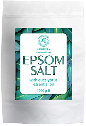 Sal Epsom Baño con Aceite Esencial Eucalipto 1kg - Cristales de Sulfato de Magnesio para Aliviar el Dolor Muscular - Sales de Baño Relajantes - Cuidado de Piel - Muscular - Buen Sueño - Sal Inglesa