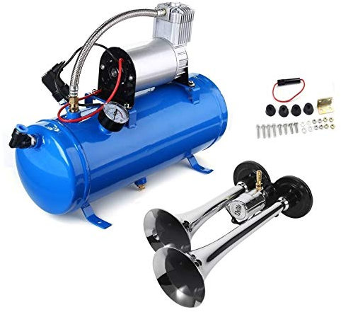 12/24V Klaxon A Air Double Trompette Chrome 130dB Pour Camion Bateau + Compresseur 150psi Reservoir 6L