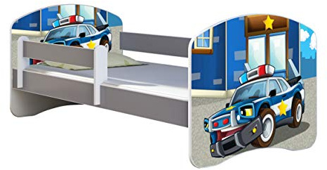 ACMA Kinderbett Jugendbett mit Matratze Grau mit Rausfallschutz Lattenrost II Spielbett Kinderzimmer Möbel (38 Polizei, 140x70)