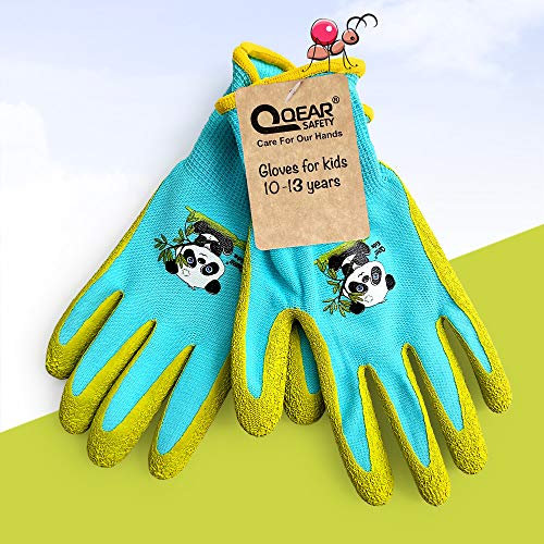 1 Pair Kids Garden Gloves,Knitted Elastic Liner, and Latex Rubber Coated Palm for Water/Dirty Resistance, Anti-slip (10-13 years Green XS)