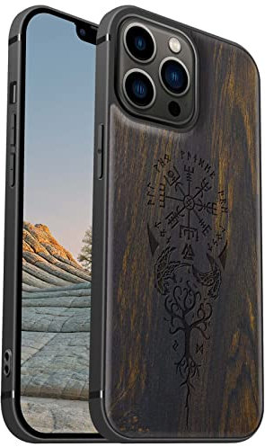 Carveit Magnetic Wood Case for iPhone 13 Pro Max [Hard Real Wood & Soft TPU] Shockproof Hybrid Protective Cover Unique & Classy Wooden Case Compatible with MagSafe (Viking Compass Vegvisir-Blackwood)