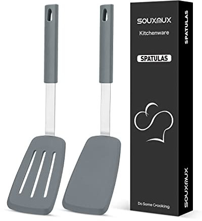 Lot de 2 Spatules en Silicone Solides et Fendues, Ustensiles de Cuisine Pratiques Antiadhésifs Sans BPA Résistant à la Chaleur Élevée Pour Cuisiner, Griller, Retourner les Œufs, le Poisson, les Crêpes