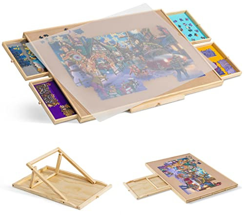 Tektalk tragbarer Holzpuzzletisch/Plateau/Board mit integriertem verstellbarem Ständer/Halterung, transparenter PP-Abdeckung, 4 Sortierschubladen für bis zu 1500 Stück