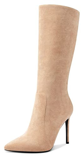 Aachcol Donna Metà polpaccio Stivali Spillo Alto High Tacco Heel Chiusa a Punta Cerniera Classico 10 CM Beige Scamosciato 35 EU