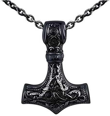 feilok Collier en Acier Inoxydable pour Hommes Marteau Thor Noir