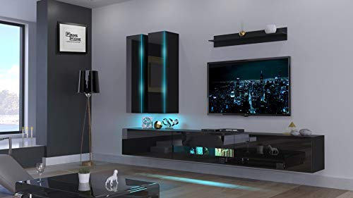 Furnitech Wohnwand Wohnzimmer | Wohnzimmer Möbel mit LED Blau | Hängend Wohnwand Modern | Wohnzimmer Schrankwand mit Regale und TV Schrank (Queen AN55-18HG-B1 GS5)