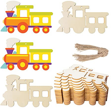 Lot de 20 décorations en bois brut en forme de train - Tranches de bois naturelles vierges pour loisirs créatifs, Noël, vacances, mariage, fête d'anniversaire