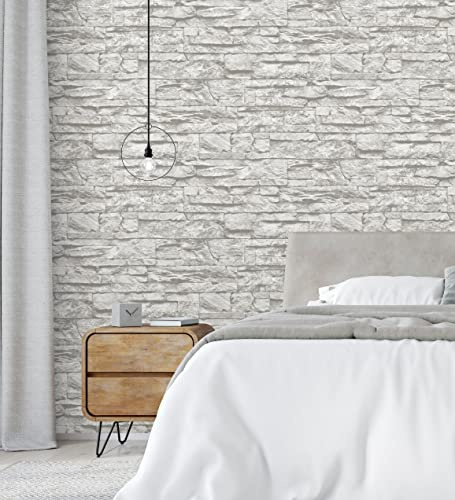 GAULAN 453147 Papier peint vinyle lessivable pierre d'ardoise texturé en relief 3D blanc pour mur salon cuisine bain salle à mange - Rouleaux de 10 m x 0,53 m