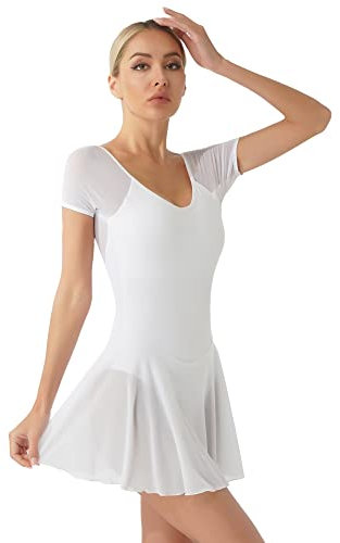 iEFiEL Damen Ballettkleid Kurzarm Ballettanzug Patchwork Ballettkleidung Basic Tanzkleid Rückenfrei Ballett Trikot Wickelrock Weiß XXL