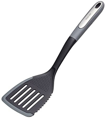 Chef Aid Multi-Function Slotted Turner with Silicone Edge for Scraping, Serrated Edge for Slicing with Raised Sections for Stripping and Grinding Surface for Shreading Garlic and Ginger, BPA Free