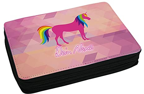 Eurofoto Schulmäppchen mit Namen und Motiv mit Regenbogen Einhorn | Federmappe personalisiert inkl. Stifte, Lineal, Radierer, Spitzer