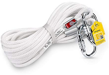 IkErna 10-100 M Weißes Kletterseil, 10-Mm-Statisches Bergsteigerseil, Hochfestes, Tränenresistentes Nylonseil Mit Doppel-Karabiner/60M