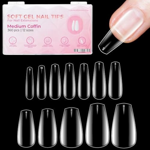 LLBA Soft Gel Nail Tips - 360Pcs Soft Gel Nail Extension Tips, 12 Sizes Clear Full Cover Fake Nails for Nail Extension, Long-Lasting Salon Quality, Natural Look & Comfortable Wear (Coffin, Medium)