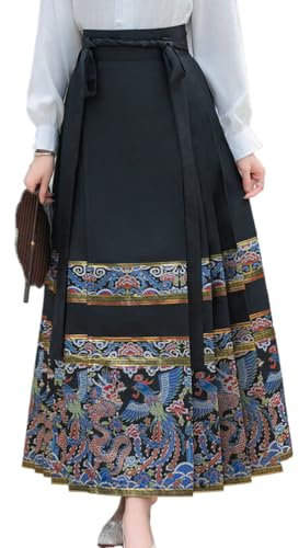 Chinese Style Improved national Style Suit Retro Hanfu Makeup Flower Weaving Gold Horse face Skirt Spring Black M