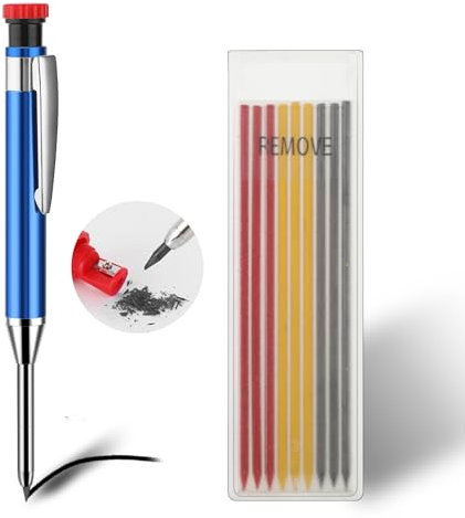 Amabro Crayons de charpentier mécaniques avec 9 recharges, crayons solides pour le travail du bois avec taille-crayon intégré, marquage des trous profonds, outils de crayon automatiques, graveur robu