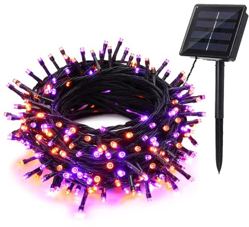 Halloween Guirnalda Luces Exterior Solar, BrizLabs 20M 200 LED Navidad Cadena de Luces Solares de Naranja Púrpura 8 Modos Impermeable Luz Jardín para Arbol Acción de Gracias Boda Terraza Horror Fiesta