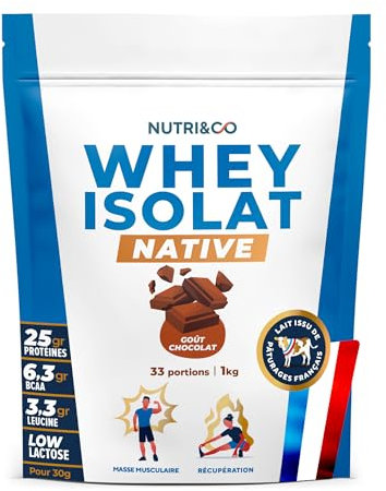 NUTRI & CO Whey Isolate Native - Jusqu’à 94% de Protéines - Pur Lait Français Low Lactose Digestion Facile - Riche en BCAA - Prise de Masse & Musculation - 900gr 30 portions goût Chocolat
