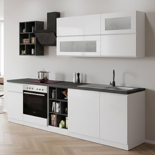 Dmora - Vollständige Küche Ronald, Set mit Speisekammer, Küchenzeile Schrank, Linearer Blocksatz, 100% Made in Italy, 255 x 60 x 85 cm, glänzendes Weiß und Schiefer