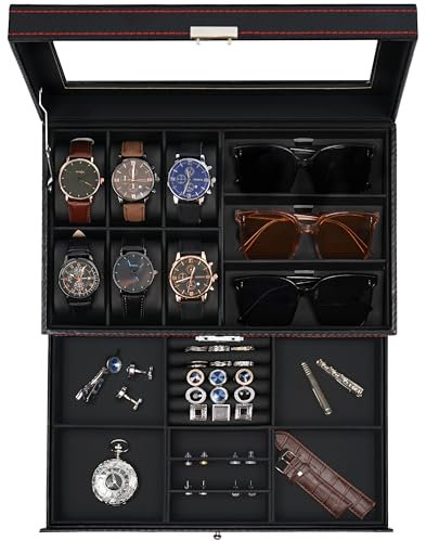 JUPELI Watch Box, Leather Mens Jewellery Box with 6 Slot Watch Case & 3 Slot Sunglasses Organiser, 2 Layers Lockable Watch Holder Organiser with Glass Lid For Earrings, Rings, Bracelets, Gifts for Men
