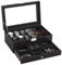 JUPELI Watch Box, Leather Mens Jewellery Box with 6 Slot Watch Case & 3 Slot Sunglasses Organiser, 2 Layers Lockable Watch Holder Organiser with Glass Lid For Earrings, Rings, Bracelets, Gifts for Men