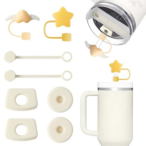 Set da 8 pezzi per Stanley Cup Adventure Quencher 1.0 e 2.0 30oz e 40oz accessori, protezione dalle perdite, 6 pezzi con 2 pezzi di copertura per cannuccia da 9 a 10 mm (beige) (tazze non incluse)