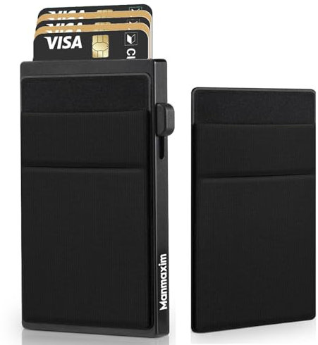 Manmaxim Kartenetui Herren Pop-up Kartenhalter mit TÜV-Geprüftem Münzfach Herren Klein Kartenetui RFID Schutz Credit Card Holder Mini Kreditkartenhülle Slim Wallets for Men (Schwarz)