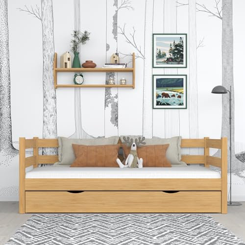 N-wood N01 Tagesbett mit schublade 80x180 cm aus Holz, Bettgestel mit lattenrost, Sofabett, Einzelbett für Kinder, Jugendliche und Erwachsene, Stabile Massivholzkonstruktion, Naturkiefer