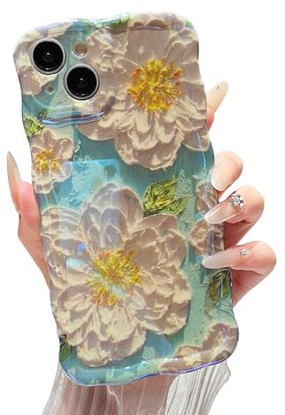 XIZYO Colorful Retro Oil Painting Flower Case for iPhone 13, Curly Wave Frame Laser Glossy Cute Floral Aesthetic Phone Case, for Girls Women Slim Soft TPU Shockproof Phone Cover, White Flower/Blue