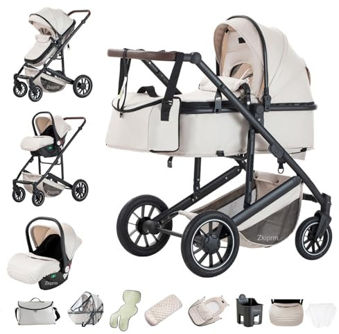 Zkiprm 3-in-1Kinderwagen, Reisesystem mit Autositz, Verstellbarer Lenker & Alu-Rahmen, PU-Großräder mit Federung, Höhenverstellbar & Rückwärtsfahrbar, Regenschutz, Moskitonetz (0-4 Jahre) Weiß