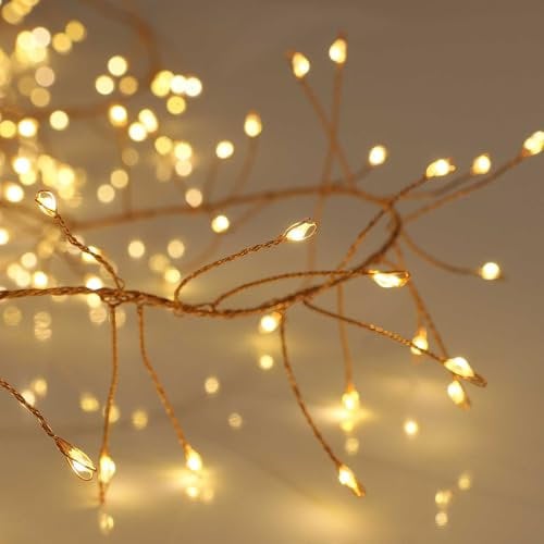 Qbis Warm White Cluster Lights, 200 LEDs on Thin Copper Wire. Multifunction Cluster Fairy Lights with Remote and Timer. 2m Long Cluster Christmas Lights, USB Powered String Lights.