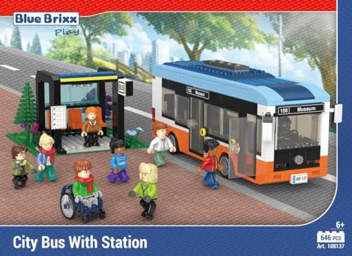 BlueBrixx Play 108137 – Stadtbus mit Haltestelle aus Klemmbausteinen mit 646 Bauelementen. Kompatibel mit Klemmbausteinen von Anderen Marken. Lieferung in Originalverpackung