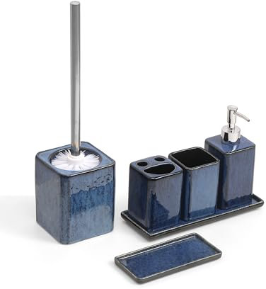 Home Harbour Zen Essence Collection | 6-Piece Blue Bathroom Accessories Set | Soap Dispenser, Toothbrush Holder, Tumbler, Vanity Tray, Multipurpose Holder & Toilet Brush Holder Ceramic (Set of 6 Blue)
